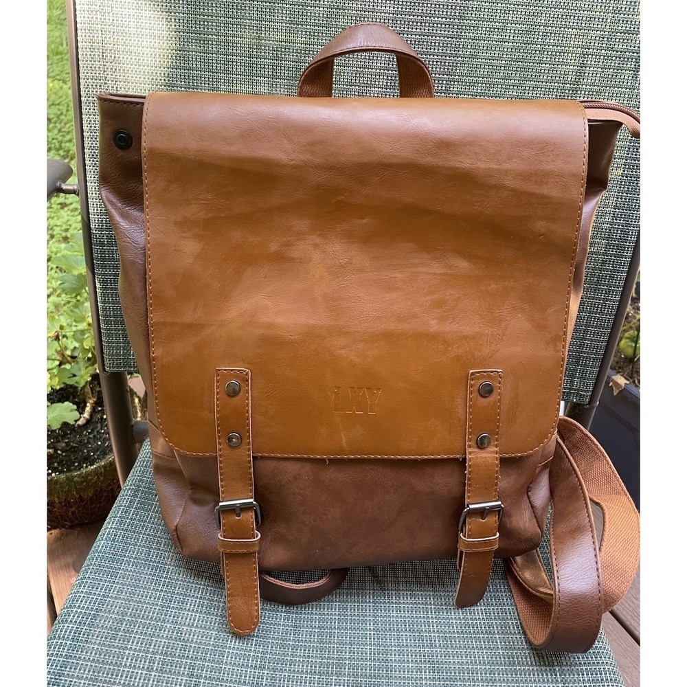 LXY Vegan Leather Backpack Brown Flap Buckle Laptop Pocket Travel Bag